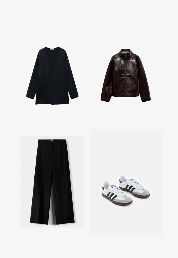 Rjava jakna iz umetnega usnja z visokim ovratnikom, popolnim zadrgo in gladko, sijočo teksturo. Ima sproščen kroj in dolge rokave.; Črna, ohlapna V-izrez majica z dolgimi rokavi, izdelana iz mehkega blaga. Preprost dizajn s ravnim robom in brez izrazitih vzorcev ali akcentov.; Črne široke hlače iz lahkega materiala, z zapiranjem na gumb spredaj in ravnim sprednjim delom, s skrbno zašiti robovi.; Športni čevlji z belim usnjenim zgornjim delom, sivim semišem na prstih in tremi črnimi črtami. Imajo modro logo na jeziku in teksturiran gumijast podplat.