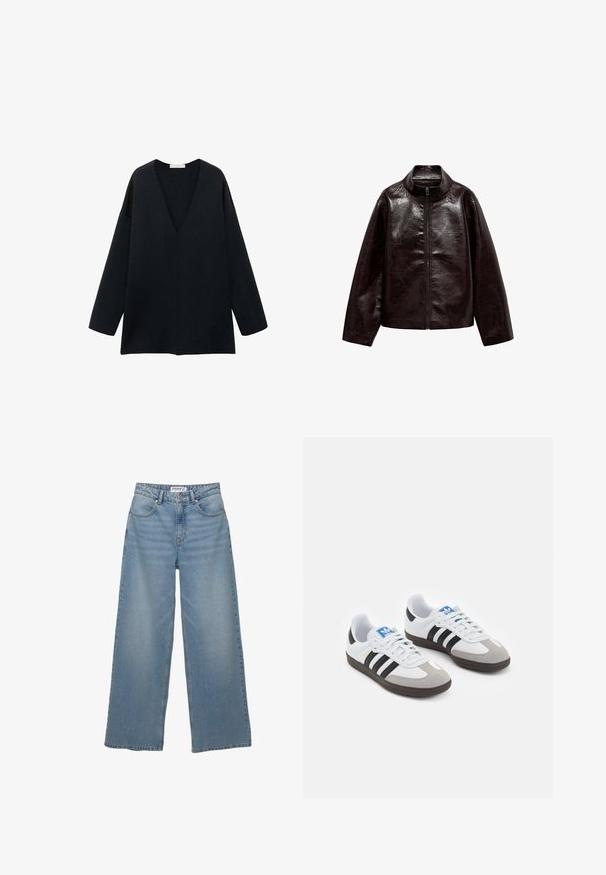Giacca in finta pelle marrone con colletto alto, chiusura con cerniera completa e una superficie liscia e lucida. Presenta una vestibilità comoda e maniche lunghe.; Top nero, ampio e scollato a V con maniche lunghe, realizzato in tessuto morbido. Design semplice con orlo dritto e senza motivi o accenti distintivi.; Jeans a gamba larga di colore azzurro chiaro realizzati in denim. Caratterizzati da vita alta, cinque tasche e un taglio dritto con minima scoloritura.; Scarpe sportive con tomaia in pelle bianca, punta in suede grigia e tre strisce nere. Presentano un logo blu sulla linguetta e una suola in gomma testurizzata.