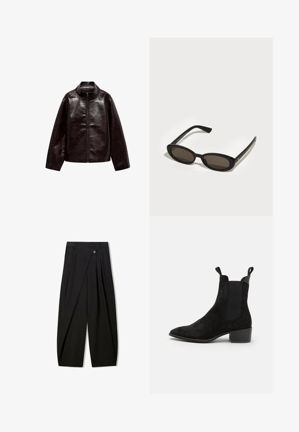 Hnědá koženka s vysokým límcem, plným zipem a hladkým, lesklým povrchem. Má uvolněný střih a dlouhé rukávy.; PULL&BEAR Top - white; Černé kalhoty s širokými nohavicemi vyrobené z hladké tkaniny, s předními sklady, zapínáním na knoflík a přizpůsobeným střihem pro strukturovanou siluetu.; Černé semišové kotníkové boty s elastickými bočními panely, špičatou špičkou a nízkým blokovým podpatkem. Disponují poutky pro snadné obouvání. Texturovaný povrch.; Černé sluneční brýle s oválnými, polorámovými čočkami. Lesklé rámy a štíhlé nožičky. Tmavě zabarvené čočky s minimem kovových detailů.; Žlutá vyteplená bunda s vysokým límcem a přední kapsou, doplněná černou kabelkou přes rameno se zlatými detaily. K tomu casual džíny.