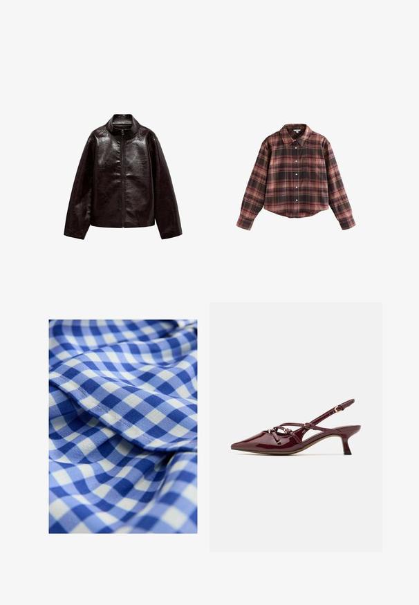 Ruskea tekonahkajakki korkealla kauluksella, täyspitkällä vetoketjulla ja sileällä, kiiltävällä pinnalla. Ominaisuuksiin kuuluu rento istuvuus ja pitkät hihat.; Lyhyeksi leikattu ruudullinen paita burgundin ja ruskean sävyissä, jossa on napitus etuosassa, kaulus ja rintatasku. Pehmeää kangasta ja pitkähiha.; Sininen ja valkoinen ruudullinen kangas pehmeällä tekstuurilla, jossa on pieniä neliöitä vuorotellen sinisissä sävyissä. Sisältää räsyreunan yksityiskohdan.; Burgundy kiilauhteella päällystetty slingback-kengät, joissa on teräväkärkinen malli, pieni korko, koristeelliset nauhanyökkäysdetaljit ja kiiltävä pinta.