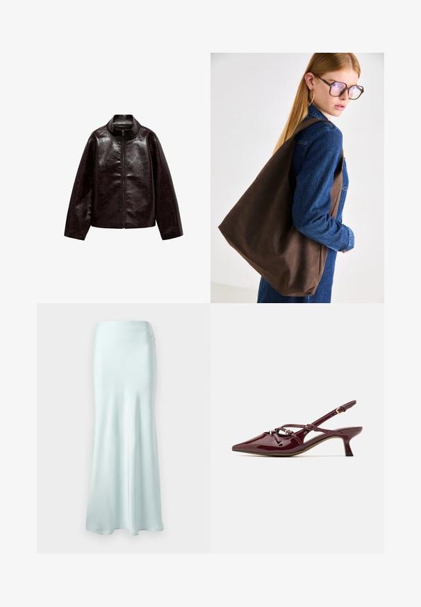 Hnedá umelá kožená bunda s vysokým golierom, plným zipsom a hladkou, lesklou textúrou. Má uvoľnený strih a dlhé rukávy.; Zrezaná kockovaná košeľa v odtieňoch burgundskej a hnedej, s gombíkmi na prednej strane, golierom a náprsné vrecko. Mäkká látka s dlhými rukávmi.; Svetlomodrá saténová maxi sukňa s hladkou textúrou, rozšíreným lemom a priliehavým pásom. Navrhnutá pre plynulý siluetu.; Burgundská lakovaná ballerina s špicatou špičkou, malým opätkom, dekoratívnymi popruhovými detailmi a lesklým povrchom.; Hnedá kožená taška s mäkkou textúrou, ktorá sa vyznačuje priestranným dizajnom a jedným popruhom. Nosená s modrou denimsovou bundou.