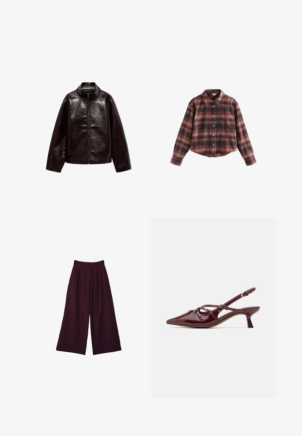 Veste en simili cuir brun avec un col montant, fermeture éclair intégrale et une texture lisse et brillante. Caractéristiques : coupe décontractée et manches longues.; Chemise à carreaux coupée dans des tons de bourgogne et de marron, avec un rabat à boutons, un col et une poche poitrine. Tissu doux avec des manches longues.; Pantalons larges en tissu bordeaux profond, avec des plis, une taille haute et deux poches latérales pour le style et la praticité.; Escarpin en cuir verni bordeaux avec nez pointu, petit talon, détails de bride décoratifs et finition brillante.