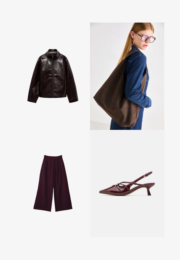 Veste en simili cuir brun avec un col montant, fermeture éclair intégrale et une texture lisse et brillante. Caractéristiques : coupe décontractée et manches longues.; Chemise à carreaux coupée dans des tons de bourgogne et de marron, avec un rabat à boutons, un col et une poche poitrine. Tissu doux avec des manches longues.; Pantalons larges en tissu bordeaux profond, avec des plis, une taille haute et deux poches latérales pour le style et la praticité.; Escarpin en cuir verni bordeaux avec nez pointu, petit talon, détails de bride décoratifs et finition brillante.; Sac tote en cuir marron avec une texture douce, offrant un design spacieux et une seule sangle. Porté avec une veste en jean bleu.