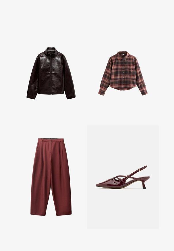 Ruskea tekonahkajakki korkealla kauluksella, täyspitkällä vetoketjulla ja sileällä, kiiltävällä pinnalla. Ominaisuuksiin kuuluu rento istuvuus ja pitkät hihat.; Lyhyeksi leikattu ruudullinen paita burgundin ja ruskean sävyissä, jossa on napitus etuosassa, kaulus ja rintatasku. Pehmeää kangasta ja pitkähiha.; Burgundin kuitupuvut, joissa on pleatit edessä, keskikorkea vyötärö ja sileä, teksturoitu pinta.; Burgundy kiilauhteella päällystetty slingback-kengät, joissa on teräväkärkinen malli, pieni korko, koristeelliset nauhanyökkäysdetaljit ja kiiltävä pinta.