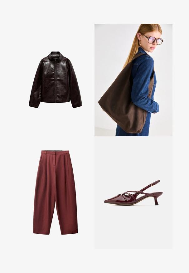 Hnědá koženka s vysokým límcem, plným zipem a hladkým, lesklým povrchem. Má uvolněný střih a dlouhé rukávy.; Odstřižená kostkovaná košile v odstínech burgundské a hnědé, s knoflíkovým zapínáním, límečkem a náprsní kapsou. Měkká tkanina s dlouhými rukávy.; Kalhoty širokého střihu v burgundské barvě, s puky vpředu, středně vysokým pasem a hladkým, strukturovaným povrchem.; Burgundské lakované slingback boty s špičatou špičkou, malým podpatkem, dekorativními strapcovými detaily a lesklým povrchem.; Hnědá kožená taška přes rameno s měkkou texturou, která nabízí prostorný design a jedno ramenní ucho. Nosená s modrou denimovou bundou.