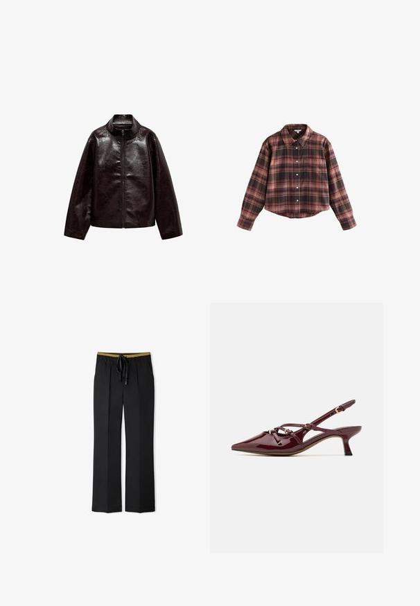 Giacca in finta pelle marrone con colletto alto, chiusura con cerniera completa e una superficie liscia e lucida. Presenta una vestibilità comoda e maniche lunghe.; Camicia a quadri tagliata in toni di bordeaux e marrone, con bottone frontale, colletto e taschino sul petto. Tessuto morbido con maniche lunghe.; Pantaloni neri a gamba larga con vita regolabile tramite coulisse. Presentano un accento dorato a contrasto sulla vita. Realizzati in un tessuto morbido e liscio.; Scarpa slingback in vernice bordeaux con punta affusolata, tacco basso, dettagli di cinturino decorativo e finitura lucida.