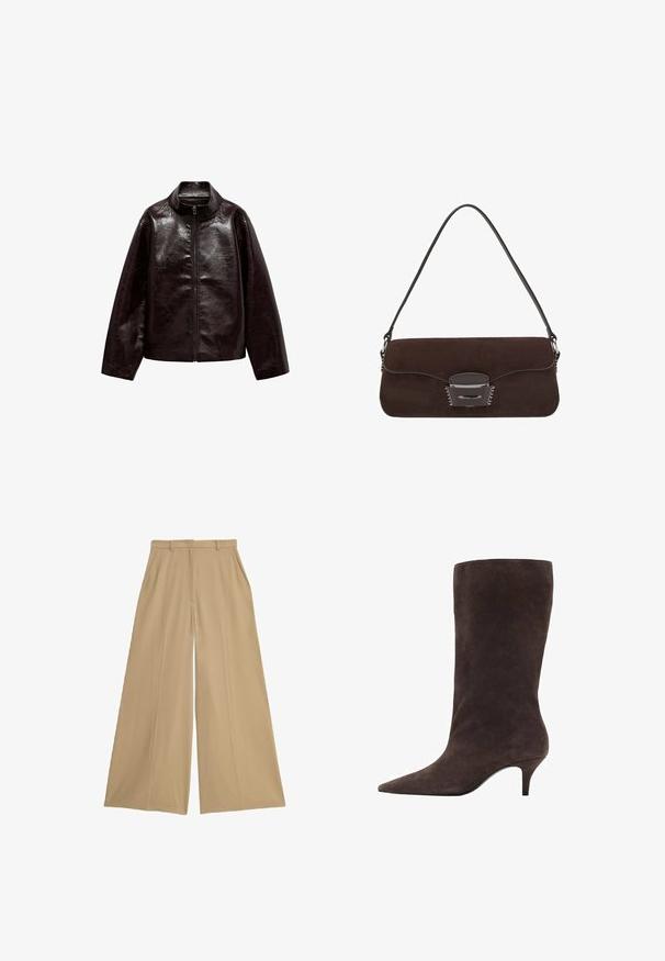 Bruine neplederen jas met een hoge kraag, volledige ritsluiting en een gladde, glanzende textuur. Beschikt over een ontspannen pasvorm en lange mouwen.; Blauwroze blouse met lange mouwen, ruches bij de hals, een trekkoord in de taille en kanten rand bij de manchetten en zoom. Lichtgewicht, gestructureerde stof.; Beige wijde broek gemaakt van een lichtgewicht stof, met twee zijzakken, een platte voorkant en een gladde textuur.; Bruine suède kniehoogte laars met een spitse neus en een mid-hoge hak, met een gladde textuur en een slank ontwerp.; Bruine suède handtas met een lange leren schouderband, zilveren hardware, een rechthoekige vorm en een platte flap met een centrale versiering.