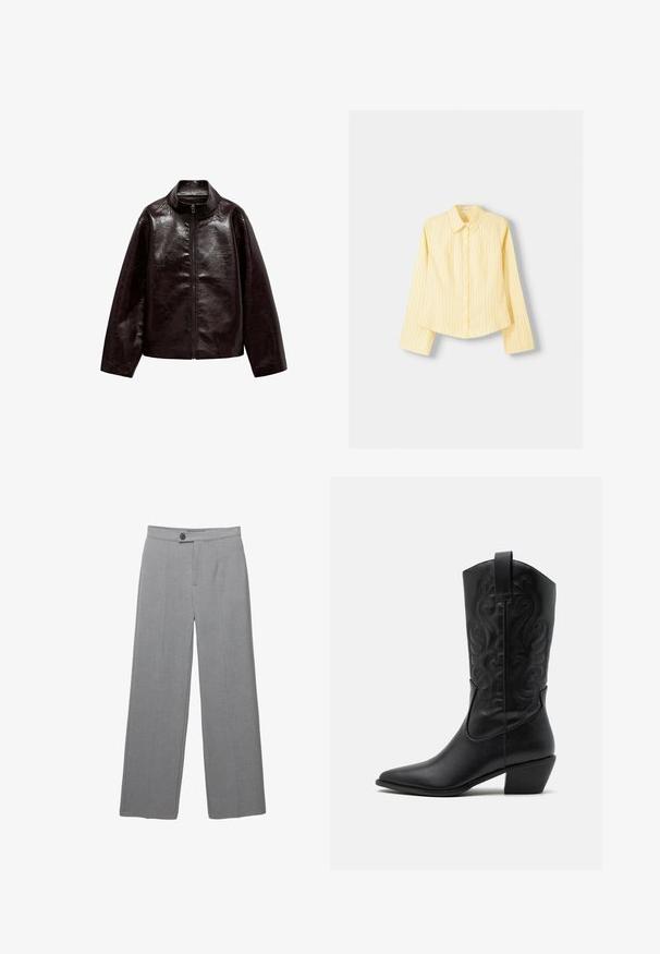 Hnedá umelá kožená bunda s vysokým golierom, plným zipsom a hladkou, lesklou textúrou. Má uvoľnený strih a dlhé rukávy.; Žltá pruhovaná košeľa s dlhými rukávmi, špicatým golierom a predným zapínaním na gombíky. Obsahuje vertikálne modré pruhy a prispôsobený strih.; Šedé upravené nohavice s širokými nohavicami, plochým predkom a jemnou textúrou. Obsahujú jediné zapínanie na gombík a čisté línie.; Čierna kožená kovbojská čižma s špicatou špičkou, embosovanými vírivými vzormi a stredne vysokým opätkom. Obsahuje pútko pre jednoduché obúvanie.