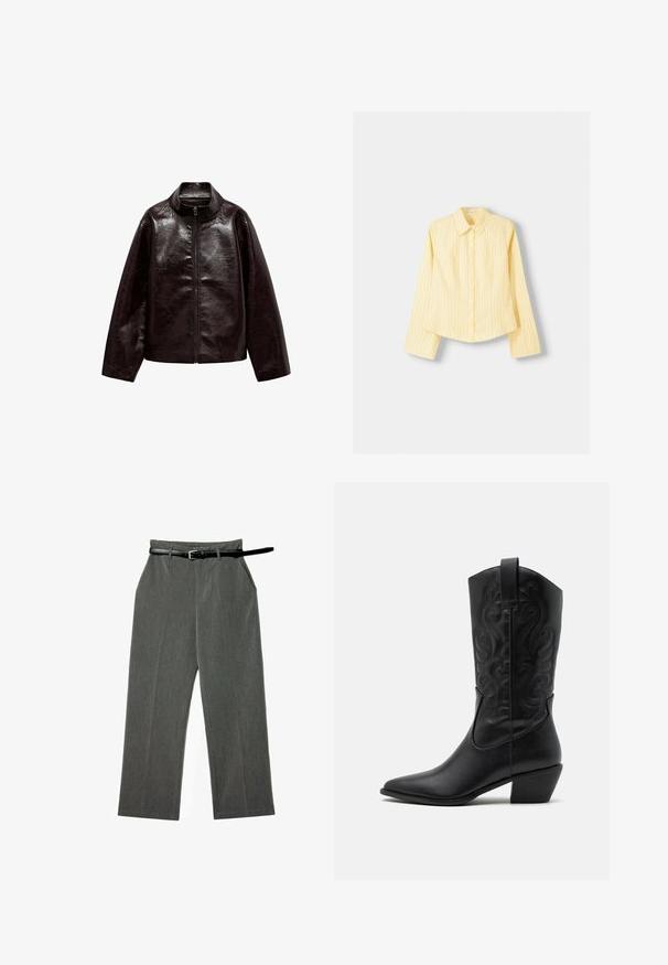 Bruine neplederen jas met een hoge kraag, volledige ritsluiting en een gladde, glanzende textuur. Beschikt over een ontspannen pasvorm en lange mouwen.; Geel gestreept overhemd met lange mouwen, puntige kraag en knoopsluiting aan de voorkant. Beschikt over verticale blauwe strepen en een getailleerde pasvorm.; Grijze, geweven broek met een recht model, voorzien van een bijpassende riem en een subtiele verticale streepprint door het hele ontwerp.; Zwarte leren cowboylaars met een spitse neus, gegraveerde draaiende patronen en een halfhoge hak. Voorzien van een trekhaak voor gemakkelijk aan- en uittrekken.