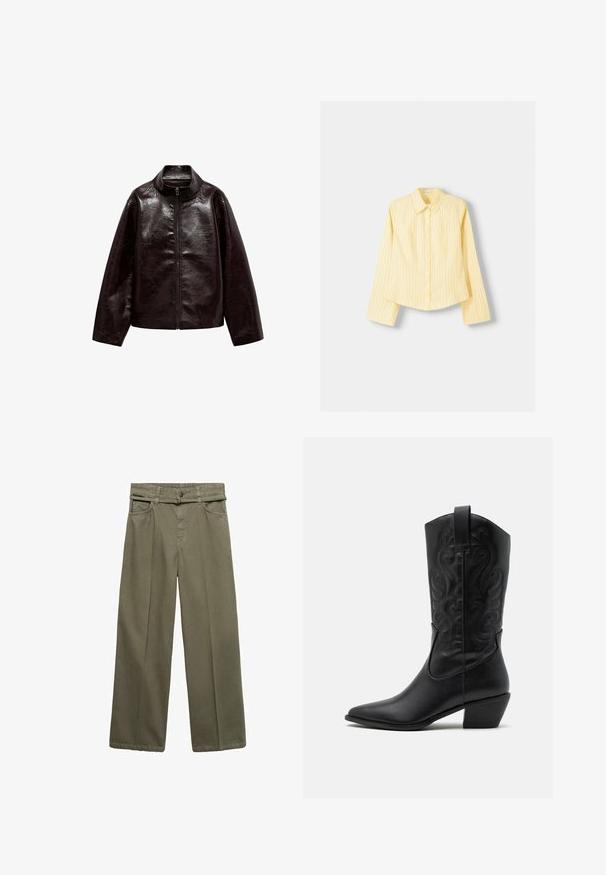 Rjava jakna iz umetnega usnja z visokim ovratnikom, popolnim zadrgo in gladko, sijočo teksturo. Ima sproščen kroj in dolge rokave.; Rumena srajca z dolgimi rokavi, s koničastim ovratnikom in sprednjim gumbom za zapiranje. Ima vertikalne modre črte in prilega se.; Olive zelena široka hlače izdelane iz bombaža. Imajo zadrgo, gumbasto zaklepanje in dva sprednja žepa. Gladek, trpežen material.; Črne usnjene kavalirske čevlje s koničastim nosom, embosiranimi valovitimi vzorci in srednje visokim peto. Imajo zanko za enostavno obuvanje.