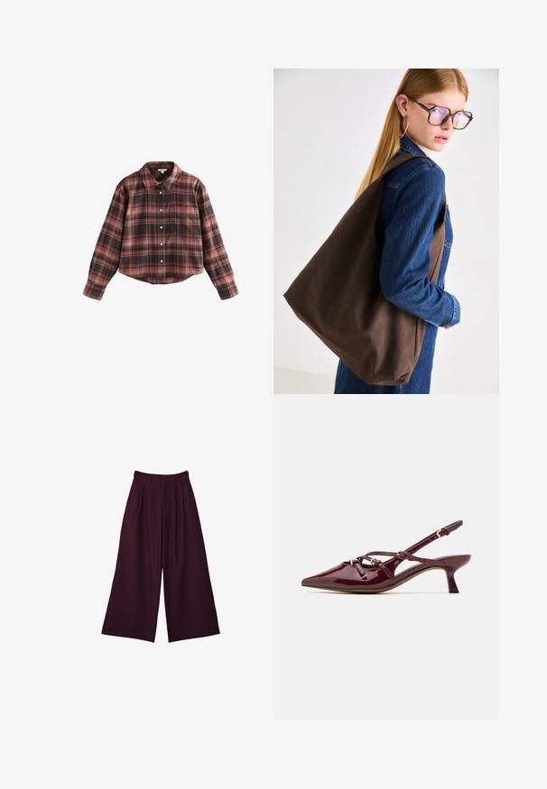 Braune Kunstlederjacke mit hohem Kragen, durchgehendem Reißverschluss und einer glatten, glänzenden Oberfläche. Hat einen lässigen Schnitt und lange Ärmel.; Gekürztes karierter Hemd in Burgundy- und Brauntönen, mit Knopfleiste, Kragen und einer Brusttasche. Weicher Stoff mit langen Ärmeln.; Weite Hose aus tiefburgunderfarbener Stoff, mit Falten, hoher Taille und zwei seitlichen Taschen für Funktionalität und Stil.; Burgunderfarbenes patentiertes Leder Slingback-Schuhwerk mit spitzer Zehenform, kleinem Absatz, dekorativen Riemen und glänzender Oberfläche.; Braune Leder-Handtasche mit weicher Textur, geräumigem Design und einem einzigen Tragegurt. Kombiniert mit einer blauen Jeansjacke.