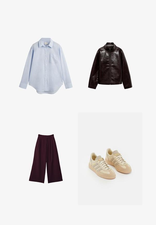 Hnedá umelá kožená bunda s vysokým golierom, plným zipsom a hladkou, lesklou textúrou. Má uvoľnený strih a dlhé rukávy.; Svetlomodrá košeľa s dlhým rukávom na gombíky vyrobená z bavlny, s klasickým golierom, jednou náprsnej kapsou a zakriveným lemom.; Široké nohavice z tmavobordovej tkaniny, s plisovaním, vysokým pásom a dvoma bočnými vreckami pre praktickosť a štýl.; Svetlo béžové tenisky z semišu a textilu, s tromi šedými pruhmi, textúrovanými akcentmi a svetlohnedou gumovou podrážkou. Šnúrky sú biele.