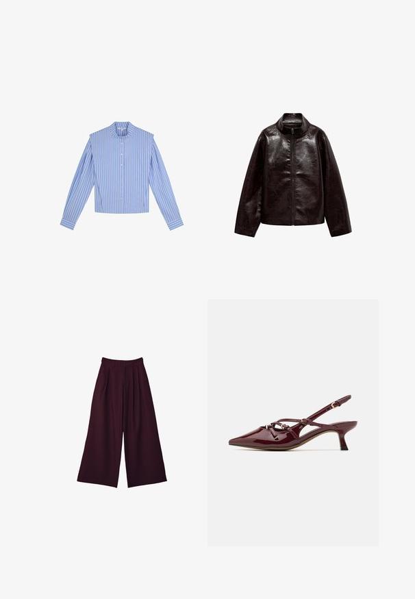 Braune Kunstlederjacke mit hohem Kragen, durchgehendem Reißverschluss und einer glatten, glänzenden Oberfläche. Hat einen lässigen Schnitt und lange Ärmel.; Blau- und weiß gestreiftes Langarmhemd mit Rundkragen, Knöpfen an der Front und strukturiertem Schulterdesign.; Weite Hose aus tiefburgunderfarbener Stoff, mit Falten, hoher Taille und zwei seitlichen Taschen für Funktionalität und Stil.; Burgunderfarbenes patentiertes Leder Slingback-Schuhwerk mit spitzer Zehenform, kleinem Absatz, dekorativen Riemen und glänzender Oberfläche.