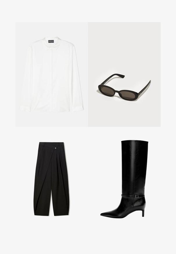 Bruine neplederen jas met een hoge kraag, volledige ritsluiting en een gladde, glanzende textuur. Beschikt over een ontspannen pasvorm en lange mouwen.; Witte lange mouwen shirt van gladde stof, met een klassieke kraag, knoopsluiting aan de voorkant en eenvoudige manchetten met een schoon, minimalistisch ontwerp.; Zwarte brede pantalon gemaakt van soepele stof, met voorkeerdiezels, een knoopsluiting en een maatwerkontwerp voor een gestructureerde silhout.; Zwarte leren laarzen tot de knie met een spitse neus en een kleine hak. Voorzien van een smalle band met een metalen gesp rond de enkel. Effen textuur.; Zwarte zonnebril met ovale, semi-randloze lenzen. Glanzende montuur en slanke armen. Donkergetinte lenzen met minimale hardwaredetails.; Geel gewatteerde jas met hoge kraag en voorzak, gecombineerd met een zwarte schoudertas met gouden hardware. Casual denim broek.