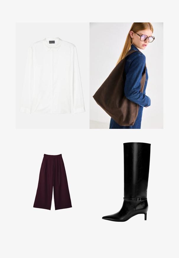 Brun faux læderjakke med høj krave, fuld lynlås lukning og en glat, blank overflade. Har en afslappet pasform og lange ærmer.; Hvid skjorte med lange ærmer lavet af glat stof, med klassisk krave, knaplukning foran og enkle manchetter med et rent, minimalistisk design.; Vide benbukser i dyb burgunderrød stof med læg, høj talje og to sidelommer for både funktionalitet og stil.; Sort læderknæhøj støvle med spids tå og en lille hæl. Har en smal rem med en metallisk spænde omkring anklen. Glat overflade.; Brun læder tote taske med en blød tekstur, der har en rummelig design og en enkel skulderrem. Bruges med en blå denimjakke.