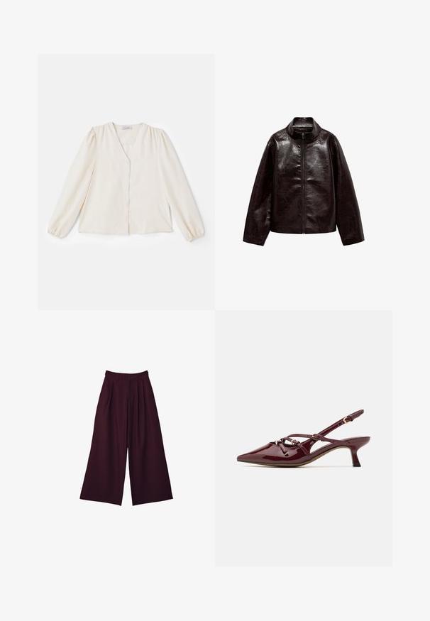 Brun faux læderjakke med høj krave, fuld lynlås lukning og en glat, blank overflade. Har en afslappet pasform og lange ærmer.; Elfenbensfarvet bluse med lange puffede ærmer, V-halsudskæring og knaplukning foran. Glat stof, der har en løs pasform og samlede skuldersømme.; Vide benbukser i dyb burgunderrød stof med læg, høj talje og to sidelommer for både funktionalitet og stil.; Bordeaux patentlæder slingback sko med spids tå, lille hæl, dekorative stropdetaljer og en blank finish.