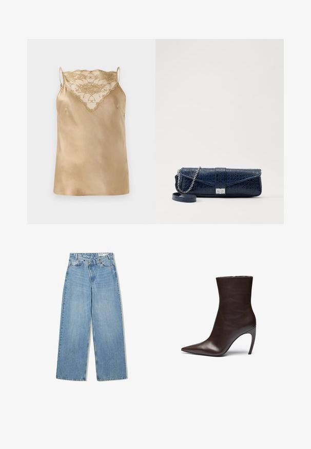 Brun konstläderjacka med hög krage, hel dragkedjestängning och en jämn, glänsande textur. Har avslappnad passform och långa ärmar.; Beige satinlinne med spetsdetaljer vid halsringningen, med tunna justerbara remmar och en slät, glänsande yta.; Ljusblå vida jeans i denim, med hög midja, fem fickor, knappstängning och subtil blekning för textur.; Brun läderankelboots med spetsig tå, smal silhuett och hög stilettklack. Har en slät yta och minimalistisk design.; Mörkblå läderclutch med krokodilmönster, silverkedjesnor och metallisk spänne. Rektangulär form med vikdesign.