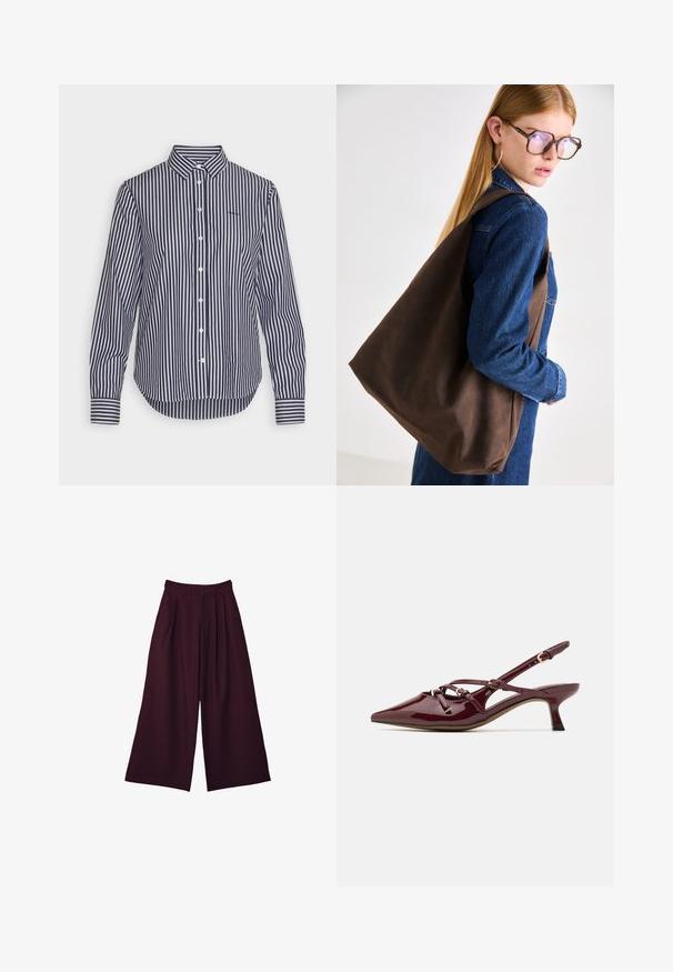 Hnedá umelá kožená bunda s vysokým golierom, plným zipsom a hladkou, lesklou textúrou. Má uvoľnený strih a dlhé rukávy.; Námornícky a biely pruhovaný dlhý rukáv s klasickým golierom, zapínaním na gombíky a kontrastnými detailmi na manžetách. Mäkká tkanina s hladkým povrchom.; Široké nohavice z tmavobordovej tkaniny, s plisovaním, vysokým pásom a dvoma bočnými vreckami pre praktickosť a štýl.; Burgundská lakovaná ballerina s špicatou špičkou, malým opätkom, dekoratívnymi popruhovými detailmi a lesklým povrchom.; Hnedá kožená taška s mäkkou textúrou, ktorá sa vyznačuje priestranným dizajnom a jedným popruhom. Nosená s modrou denimsovou bundou.
