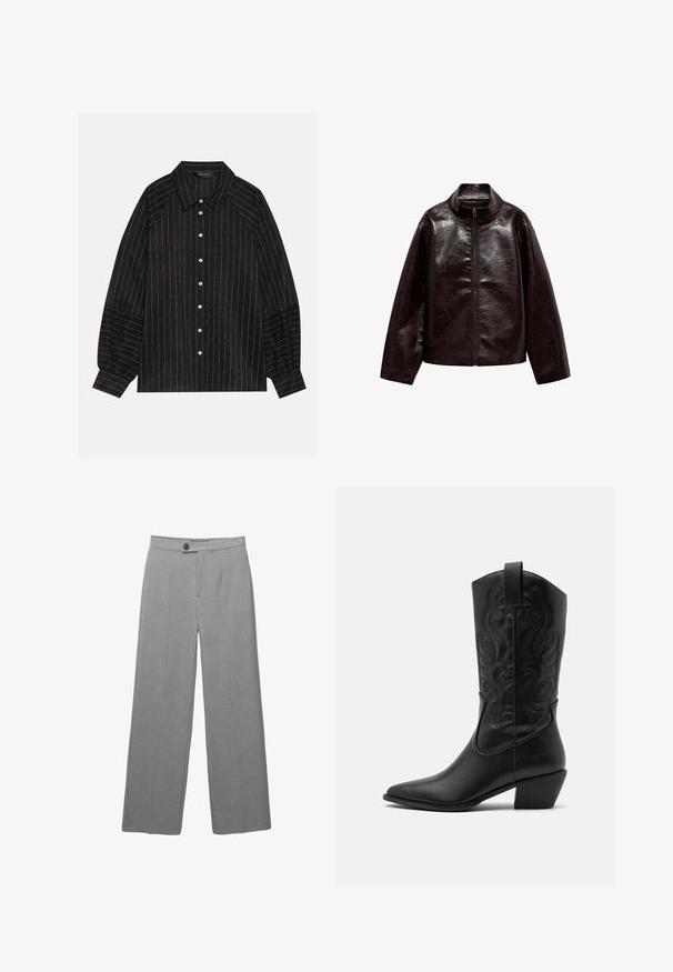 Brown faux leather jacket with a high collar, full zipper closure, and a smooth, glossy texture. Features relaxed fit and long sleeves.; Black button-up shirt with white stripes, featuring a pointed collar, long sleeves, and elastic cuffs. Made from a textured fabric.; Gray tailored trousers with a wide leg, flat front, and subtle texture. Features a single button closure and clean lines.; Black leather cowboy boot with pointed toe, embossed swirling patterns, and a mid-height heel. Features a pull tab for easy wear.
