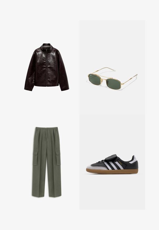 Giacca in finta pelle marrone con colletto alto, chiusura con cerniera completa e una superficie liscia e lucida. Presenta una vestibilità comoda e maniche lunghe.; Maglietta bianca a maniche corte con scollatura rotonda, realizzata in cotone, caratterizzata da una silhouette aderente e un'etichetta nera del marchio all'interno del colletto.; Pantaloni cargo verdi con vestibilità dritta, dotati di due ampie tasche laterali e un tessuto testurizzato. Il dettaglio plissettato sul davanti ne migliora la struttura.; Sneaker in pelle nera e suede grigio con strisce bianche, suola in gomma, chiusura con lacci nella parte anteriore e strappa in velcro. Presenta il marchio "Samba" in oro.; Occhiali da sole in metallo dorato con lenti verdi, caratterizzati da una forma angolare e bracci sottili. Il design presenta una montatura elegante e un branding discreto sulla lente.