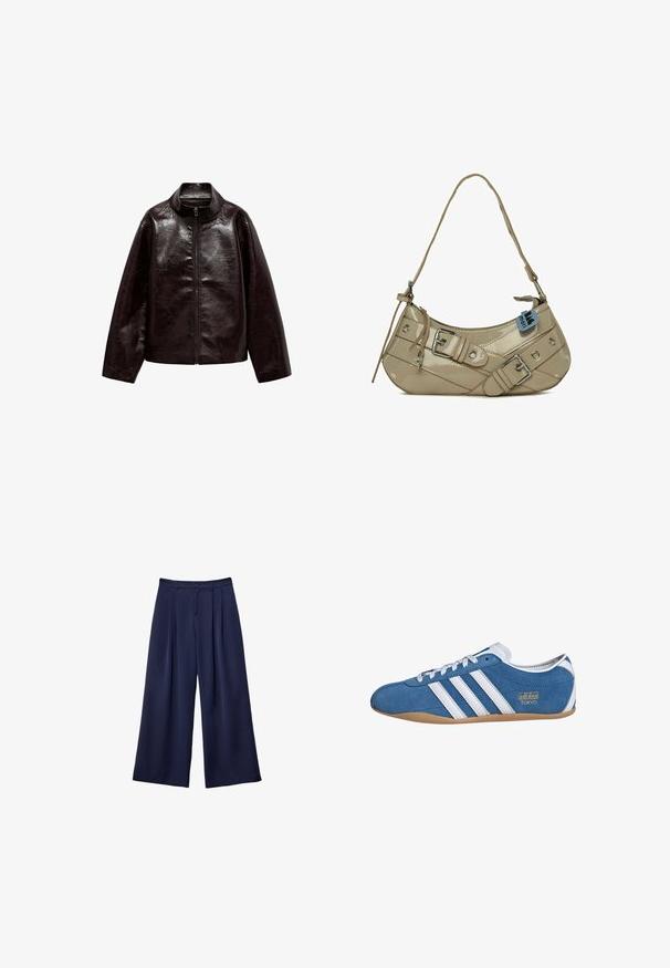 Rjava jakna iz umetnega usnja z visokim ovratnikom, popolnim zadrgo in gladko, sijočo teksturo. Ima sproščen kroj in dolge rokave.; Črtasta majica s črno-belimi vodoravnimi črtami, okrogel izrez in kratki rokavi. Narejena iz mehkega, lahkotnega materiala.; Mornarsko modri široki hlače z naborki, gumbi v pasu in zankami za pas, prikazane na ravni beli ozadju.; Modra semišasta teniska z belimi usnjenimi črtami, z zaobljenim prstom, gumijastim podplatom in zlatim logotipom "adidas TOKYO" na strani.; Bežna lakasta torbica s zakrivljenim oblikom, prilagodljivim remenom, srebrnim hardverom, dekorativnim kopčama in okroglimi bleščicami.