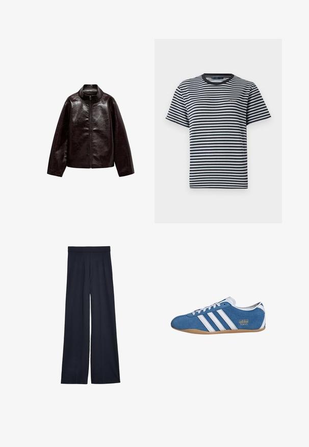 Bruine neplederen jas met een hoge kraag, volledige ritsluiting en een gladde, glanzende textuur. Beschikt over een ontspannen pasvorm en lange mouwen.; Gestreepte t-shirt met zwart-witte horizontale strepen, ronde halslijn en korte mouwen. Gemaakt van zachte, lichte stof.; Navy wijde-broek met een gladde textuur, voorzien van een aansluitende tailleband en voorplooien voor extra ontwerpdetail.; Blauwe suède sneakers met witte leren strepen, met een ronde neus, gumrubberen zool en gouden "adidas TOKYO" branding aan de zijkant.