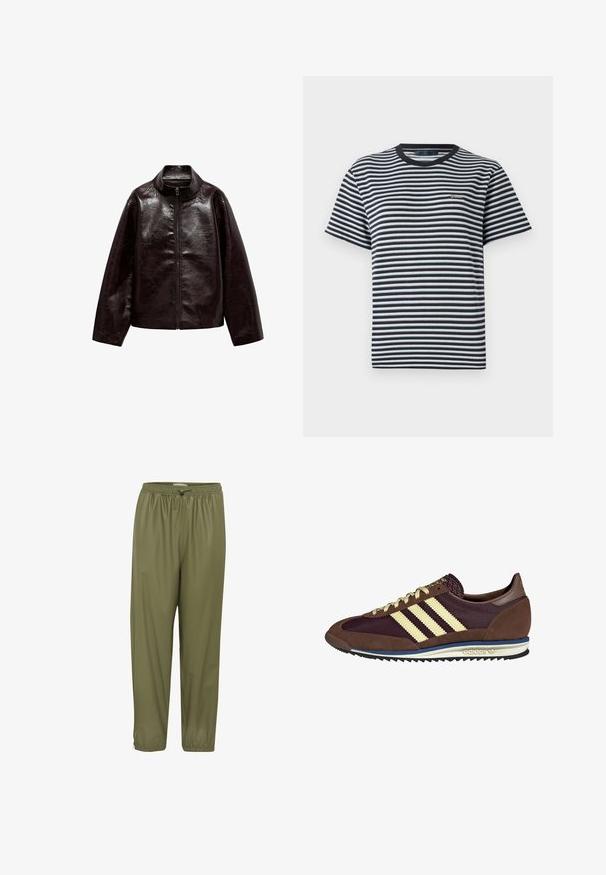 Rjava jakna iz umetnega usnja z visokim ovratnikom, popolnim zadrgo in gladko, sijočo teksturo. Ima sproščen kroj in dolge rokave.; Črtasta majica s črno-belimi vodoravnimi črtami, okrogel izrez in kratki rokavi. Narejena iz mehkega, lahkotnega materiala.; Olivno zeleni lahki hlače z elastičnim pasom, vezavo na vrvico in zoženimi gležnji. Gladka tekstura z sijajnim zaključkom.; Rjavi in rdeče-burgundske teniske iz usnja in mrežastega materiala, ki imajo tri smetane stripe, teksturirano blago na jeziku in gumijast podplat.