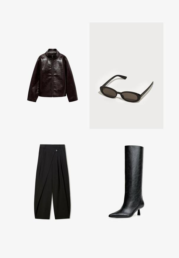 Brązowa kurtka z sztucznej skóry z wysokim kołnierzem, pełnym zamkiem błyskawicznym i gładką, błyszczącą teksturą. Posiada luźny krój i długie rękawy.; Czarna bluzka z długim rękawem wykonana z miękkiego, teksturowanego materiału. Posiada okrągły dekolt i dopasowany krój, bez widocznych wzorów czy akcentów.; Czarne spodnie szerokie z gładkiego materiału, z przodu z plisami, zapinane na guzik, zaprojektowane w zwężający sposób dla uzyskania zdefiniowanej sylwetki.; Czarne, wysokie botki do kolan wykonane z fakturowanej skóry. Mają spiczasty nosek i mały, rozszerzający się obcas. Elegancki, gładki design z minimalnymi akcentami.; Czarne okulary przeciwsłoneczne z oválnymi, półramkowymi soczewkami. Błyszczące oprawki i eleganckie zauszniki. Ciemne soczewki z minimalnymi detalami w hardware.; Żółta pikowana kurtka z wysokim kołnierzem i przednią kieszenią, połączona z czarną torbą na ramię z złotymi akcentami. Luźne dżinsowe spodnie.