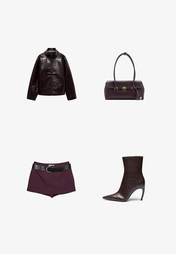 Ruskea tekonahkajakki korkealla kauluksella, täyspitkällä vetoketjulla ja sileällä, kiiltävällä pinnalla. Ominaisuuksiin kuuluu rento istuvuus ja pitkät hihat.; Burgundy pitkähiha, muotoonompelu ykkönen pyöreällä kaula-aukolla ja peukaloaukoilla, yhdistettynä valkoisiin korkeavyötäröisiin housuihin. Sileä kangas ja joustava rakenne.; Viininpunaiset shortsit mustalla nahkavyöllä. Suunnittelussa on sileä pinta ja napakka muoto, jossa on leveä, soljella kiinnitettävä vyö.; Ruske nahka ankle čizme s šiljastim prstom, vitkim siluetom i visokim stiklom. Imaju glatku teksturu i minimalistički dizajn.; Maran ko leather-käsivarjo, jolla on jäsennelty muotoilu, lyhyet kahvat, kultainen suorakulmainen lukko ja irrotettava tupsuakor.