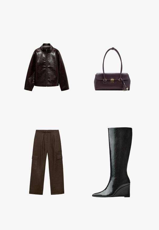 Rjava jakna iz umetnega usnja z visokim ovratnikom, popolnim zadrgo in gladko, sijočo teksturo. Ima sproščen kroj in dolge rokave.; Bordo dolga majica z obrnjenim ovratnikom in odprtinami za palce, v kombinaciji z belimi hlačami z visokim pasom. Gladek material in elastična tekstura.; Rjave široke cargo hlače iz lanenega materiala. Imajo pas z vrvico in dve stranski žepni obliki. Gladka, teksturirana tkanina.; Črne usnjene škornje do kolen s sleek, koničastim nosom in klinastim peto. Površina je gladka z sijočim slojem.; Bordo usnjeni ročno izdelan nahrbtnik s strukturiranim oblikovanjem, kratkimi ročaji, zlatim pravokotnim zapiranjem in odstranljivim dodatkom v obliki pompona.