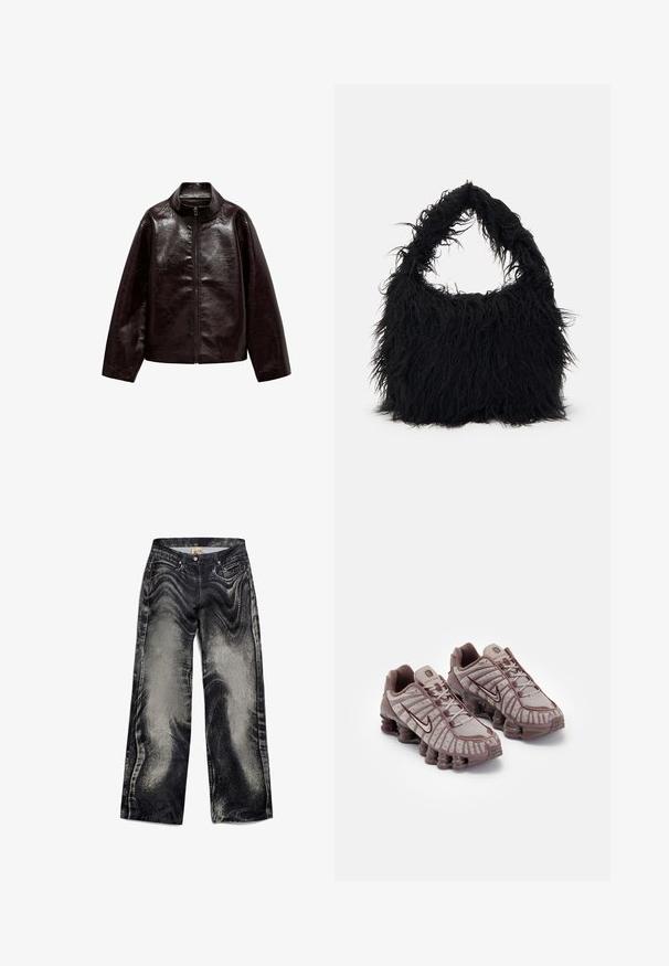 Braune Kunstlederjacke mit hohem Kragen, durchgehendem Reißverschluss und einer glatten, glänzenden Oberfläche. Hat einen lässigen Schnitt und lange Ärmel.; Burgunderfarbenes, langärmeliges, tailliertes Oberteil mit Rundhalsausschnitt und Daumenschlitzen, kombiniert mit weißen hochtaillierten Hosen. Glatter Stoff und elastische Textur.; Schwarze Denim-Breitbeinhosen mit einem strukturierten, verblassten Muster, ausgestattet mit fünf Taschen und einem Knopfverschluss. Glattes Material mit einem leicht glänzenden Finish.; Nike Sportswear SHOX TL - Sneaker low - pumice/night maroon/plum eclipse; Even&Odd Shopping Bag - black