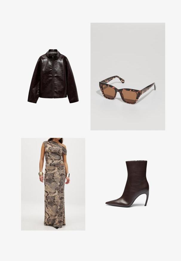 Bruine neplederen jas met een hoge kraag, volledige ritsluiting en een gladde, glanzende textuur. Beschikt over een ontspannen pasvorm en lange mouwen.; Olijf groene cami-top met een V-hals, verstelbare kruisbanden op de rug, versierd met zilveren bloemenborduurwerk en parel details.; Maxi jurk met één schouderdesign, gemaakt van lichtgewicht stof, met een beige basis en zwarte dieren- en abstracte patronen.; Bruin leren enkellaars met een puntige neus, slanke silhouette en een hoge stilettohak. Heeft een gladde textuur en een minimalistisch ontwerp.; Schildpadmotief zonnebril met een vierkante vorm, bruin getinte glazen en een slank plastic montuur. Accenten zijn subtiele branding op de poot.; Zwarte leren handtas met een gebogen ontwerp, goudkleurige accenten en een bovenhandvat. Heeft een strakke sluiting en een gladde textuur.