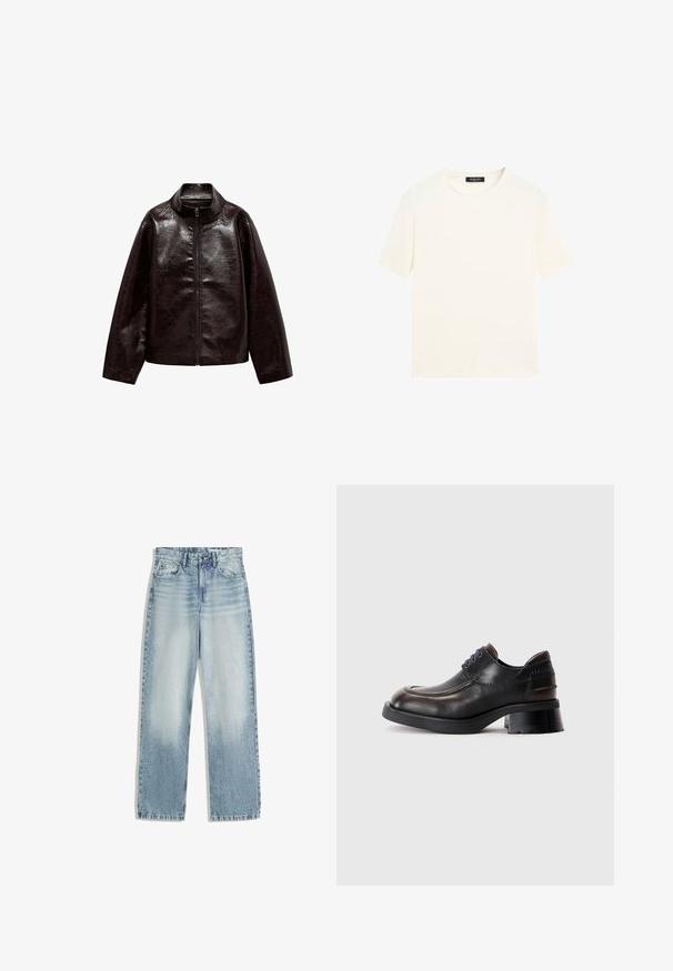 Veste en simili cuir brun avec un col montant, fermeture éclair intégrale et une texture lisse et brillante. Caractéristiques : coupe décontractée et manches longues.; T-shirt blanc uni à manches courtes et col rond avec une étiquette noire au niveau du col, posé à plat sur un fond blanc.; Jeans en denim bleu clair, taille haute, avec une coupe droite. Comprend un style classique à cinq poches et une décoloration subtile sur l'avant.; Chaussure en cuir noir avec un bout arrondi, semelle en caoutchouc épaisse et un petit talon carré. Elle présente des lacets bleus et de subtils accents marron sur la tige.