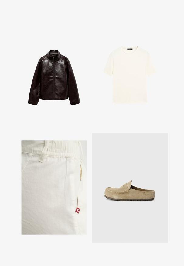 Bruine neplederen jas met een hoge kraag, volledige ritsluiting en een gladde, glanzende textuur. Beschikt over een ontspannen pasvorm en lange mouwen.; Effen wit T-shirt met korte mouwen en ronde hals met een zwart etiket bij de kraag, plat gelegd op een witte achtergrond.; Crèmekleurige joggingbroek met een elastische tailleband en zijvak, voorzien van een klein rood label met een ster op de rechterzak.; Birkenstock NAPLES WRAPPED LEVE TAUPEN - REGULAR - Muiltjes - taupe