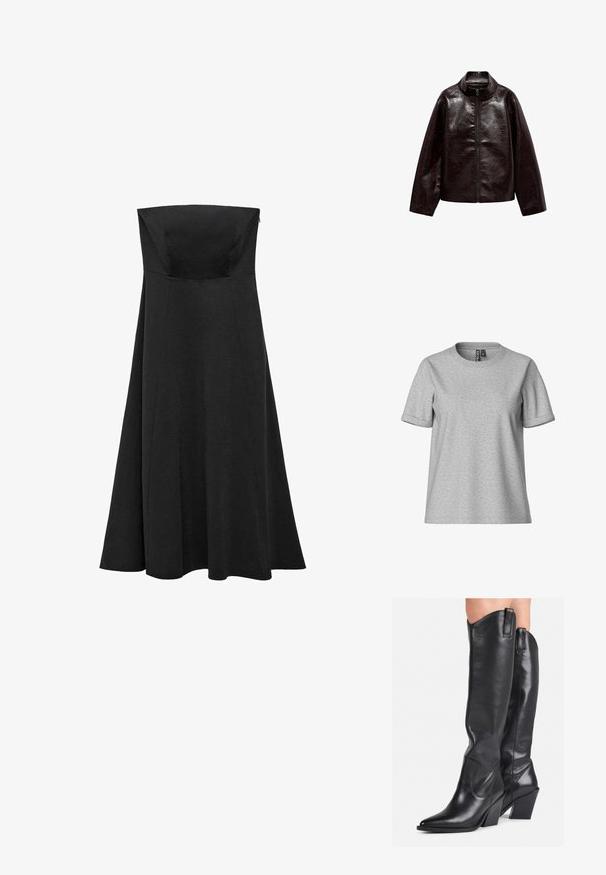 Rjava jakna iz umetnega usnja z visokim ovratnikom, popolnim zadrgo in gladko, sijočo teksturo. Ima sproščen kroj in dolge rokave.; Siva majica s kratkimi rokavi, izdelana iz mešanice mehkega bombaža, klasičnega kroja z okroglim izrezom, ki se ponaša s sproščenim fitom in zloženimi rokavi.; Črna brezramna obleka s prilegajočim korzetom in širšim, dolgem krilom, ki sega do tal. Narejena iz gladkega materiala brez vidnih vzorcev ali dodatkov.; Črne usnjene škornje do kolen s koničastim nosom, ukrivljenim steblom in debelim petkom. Imajo gladko teksturo in ušesca na vrhu.; Črna usnjena torba s ukrivljeno zasnovo, z zlatimi dodatki in zgornjim ročajem. Ima eleganten zapirni mehanizem in gladko teksturo.