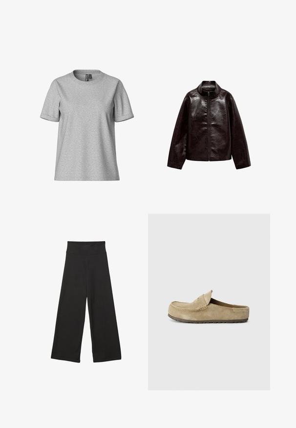 Hnedá umelá kožená bunda s vysokým golierom, plným zipsom a hladkou, lesklou textúrou. Má uvoľnený strih a dlhé rukávy.; Sivý krátky rukáv tričko vyrobené z mäkkej bavlnenej zmesi, klasický design s okrúhlym výstrihom, s uvoľneným strihom a prehnutými rukávmi.; Čierne nohavice s širokými nohavicami a vysokým elastickým pásom, vyrobené z mäkkého materiálu s voľným strihom, vhodné na neformálne nosenie alebo relaxačné prostredie.; Birkenstock NAPLES WRAPPED LEVE TAUPEN - REGULAR - Šľapky - taupe