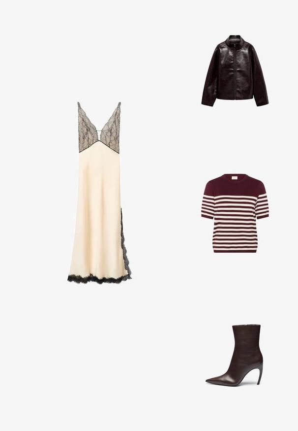Bruine neplederen jas met een hoge kraag, volledige ritsluiting en een gladde, glanzende textuur. Beschikt over een ontspannen pasvorm en lange mouwen.; Bordeaux en crèmekleurig gestreept gebreid topje met korte mouwen, ronde hals en een zachte textuur, met gelijkmatig verdeelde horizontale strepen.; Satin nachtjurk in crème met een zwart kant lijfje en afwerking. V-hals en verstelbare bandjes. Vloerlengte met zijpanelen van kant.; Bruin leren enkellaars met een puntige neus, slanke silhouette en een hoge stilettohak. Heeft een gladde textuur en een minimalistisch ontwerp.; Zwarte leren handtas met een gebogen ontwerp, goudkleurige accenten en een bovenhandvat. Heeft een strakke sluiting en een gladde textuur.