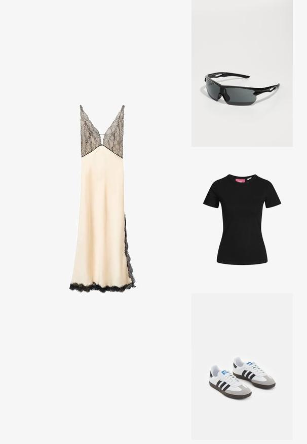 Hnědá koženka s vysokým límcem, plným zipem a hladkým, lesklým povrchem. Má uvolněný střih a dlouhé rukávy.; Černé tričko s krátkým rukávem vyrobené z bavlny. Klasický design s kulatým výstřihem, hladká textura a přiléhavý střih.; Satinová noční košile v krémové barvě s černou krajkovou částí a lemy. V- výstřih a nastavitelné ramínka. Po kotníky s krajkovými detaily po stranách.; Sportovní boty s bílým koženým svrškem, šedou semišovou špičkou a třemi černými pruhy. Obsahují modré logo na jazyku a texturovanou gumovou podrážku.; Černé sportovní sluneční brýle s zakřivenými skly, lehkým plastovým rámem a texturovanými stranicemi. Elegantní design s integrovaným nosním mostem.; Černá tkaná kožená kabelka s uvolněným designem, s uzlovým popruhem a malou dekorativní zlatou hřebíčkovou ozdobou na vrchu.