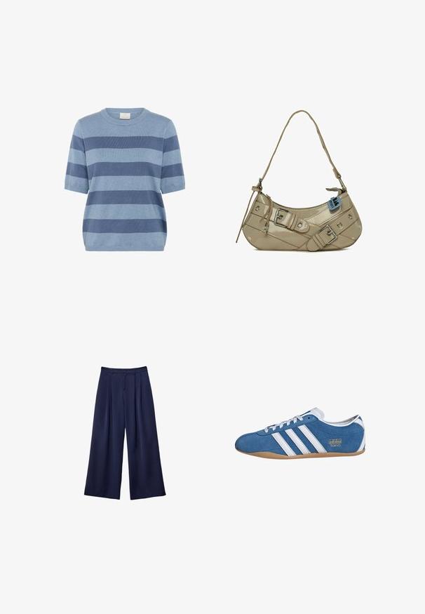 Hnedá umelá kožená bunda s vysokým golierom, plným zipsom a hladkou, lesklou textúrou. Má uvoľnený strih a dlhé rukávy.; Modrý pruhovaný svetr s krátkym rukávom vyrobený z mäkkej pleteniny; obsahuje rôzne odtiene modrej, okrúhly výstrih a voľný strih.; Námornícky modré široké nohavice s pukmi, zapínaním na gombík a pútkami na opasok, zobrazené ležiace na bielom pozadí.; Modré semišové tenisky s bielymi koženými prúžkami, zaoblenou špičkou, gumenou podrážkou a zlatým nápisom "adidas TOKYO" na boku.; Bežová lakovaná kožená kabelka s zakriveným tvarom, nastaviteľným popruhom, striebornými kovovými prvkami, dekoratívnymi prackami a okrúhlymi cvočkami.