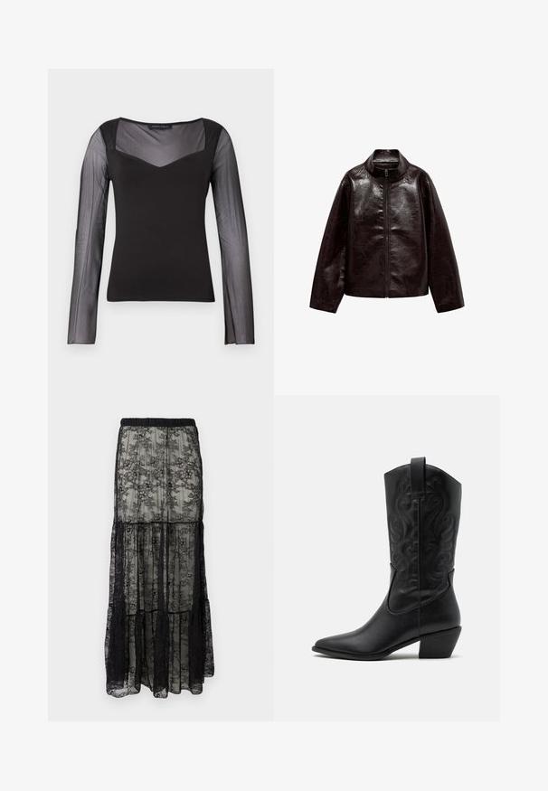 Hnedá umelá kožená bunda s vysokým golierom, plným zipsom a hladkou, lesklou textúrou. Má uvoľnený strih a dlhé rukávy.; Čierny top s dlhými rukávmi, priesvitnými sieťovanými rukávmi a hornou časťou hrudníka, pevným telom, štvorcovým výstrihom a priliehavým strihom.; Čierna čipkovaná maxi sukňa s tierovaným dizajnom, s elastickým pásom a kvetinovými vzormi. Materiál je priesvitný s jemnou textúrou.; Čierna kožená kovbojská čižma s špicatou špičkou, embosovanými vírivými vzormi a stredne vysokým opätkom. Obsahuje pútko pre jednoduché obúvanie.