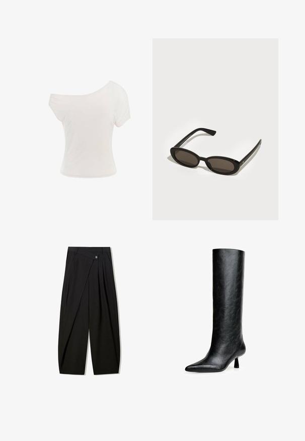 Braune Kunstlederjacke mit hohem Kragen, durchgehendem Reißverschluss und einer glatten, glänzenden Oberfläche. Hat einen lässigen Schnitt und lange Ärmel.; Weißes Off-Shoulder-T-Shirt aus weichem, leichtem Stoff. Kurze Ärmel, taillierte Form und gerollter Saum. Glatte Textur.; Schwarze, weite Hose aus glattem Material, ausgestattet mit vorderen Falten, einem Knopfverschluss und einem maßgeschneiderten Design für eine strukturierte Silhouette.; Schwarze kniehohe Stiefel aus strukturiertem Leder. Mit spitzem Zeh und kleinem, ausgestellt Absatz. Schlankes, glattes Design mit minimalen Akzenten.; Schwarze Sonnenbrille mit ovalen, halbrandlosen Gläsern. Glänzende Rahmen und schlanke Bügel. Dunkel getönte Gläser mit minimalen Hardware-Details.; Gelbe gepolsterte Jacke mit hohem Kragen und Fronttasche, kombiniert mit einer schwarzen Umhängetasche mit goldenen Beschlägen. Lässige Denim-Hosen.