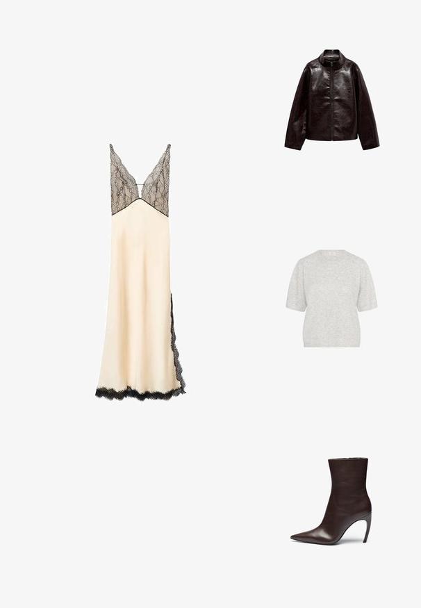 Brown faux leather jacket with a high collar, full zipper closure, and a smooth, glossy texture. Features relaxed fit and long sleeves.; Light gray short-sleeve sweater, round neck, soft texture, slightly loose fit, with minimal heather pattern and ribbed hem details.; Satin nightdress in cream with a black lace bodice and trim. V-neckline and adjustable straps. Floor-length with side lace detailing.; Brown leather ankle boot with a pointed toe, slim silhouette, and a high stiletto heel. Features a smooth texture and minimalistic design.; Black leather handbag with a curved design, gold-tone hardware, and a top handle. Features a sleek closure and smooth texture.