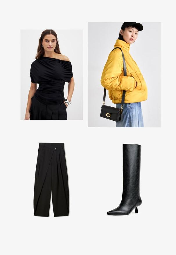 Ruskea tekonahkajakki korkealla kauluksella, täyspitkällä vetoketjulla ja sileällä, kiiltävällä pinnalla. Ominaisuuksiin kuuluu rento istuvuus ja pitkät hihat.; Musta olkaimeton paita, jossa on laskostettu kangas, istuva vyötärö ja lyhyet hihat. Sileä pinta ja kerrostettu yksityiskohta edessä.; Mustat leveälahkeiset housut, jotka on valmistettu sileästä kankaasta. Niissä on etupuolella pystyrypyt, nappikiinnitys ja muotolaskostus, joka luo jämäkkää siluettia.; Musta polvenkorkuinen saapas, joka on valmistettu teksturoidusta nahasta. Varustettu teräväkärkisellä muotilla ja pienellä levenevällä korolla. Suora, sileä muotoilu, jossa on minimaalinen koristelu.; Keltainen pehmustettu takki korkean kauluksen ja etutaskun kanssa, yhdistettynä mustaan olkalaukkuun, jossa on kultaiset yksityiskohdat. Rentouttavat farkut.