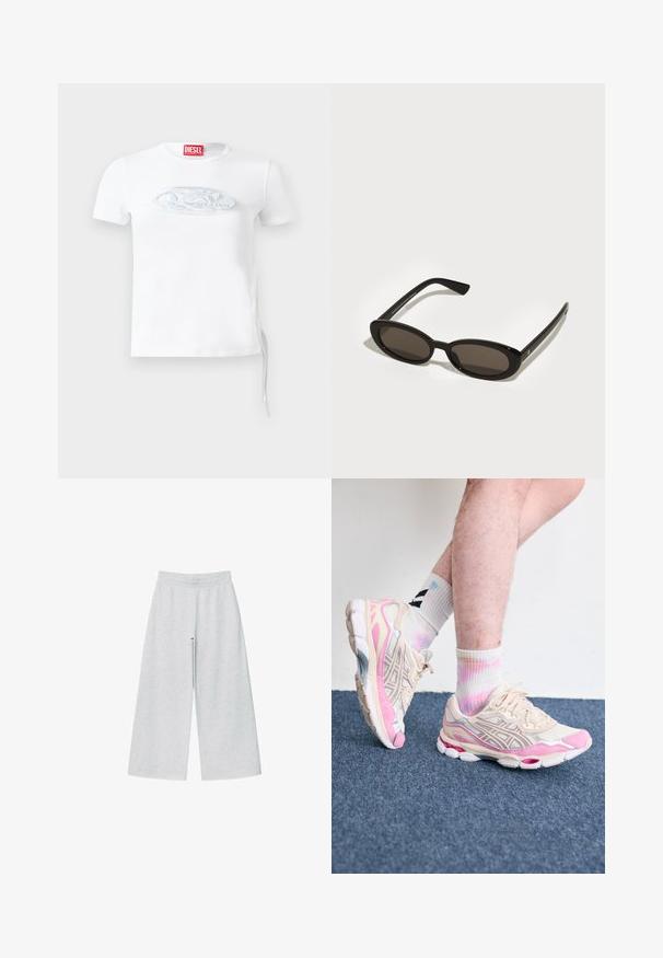 Ruskea tekonahkajakki korkealla kauluksella, täyspitkällä vetoketjulla ja sileällä, kiiltävällä pinnalla. Ominaisuuksiin kuuluu rento istuvuus ja pitkät hihat.; Valkoinen lyhythihainen T-paita, joka on valmistettu puuvillasta. Edessä on teksturoitu hopeinen logo ja sivuilla nyörit säädettävää istuvuutta varten.; Harmaita leveälahkeisia housuja, jotka on valmistettu pehmeästä kankaasta ja joissa on joustava vyötärönauha. Suunnittelussa on väljä malli, joka tarjoaa mukavuutta ja liikkumisen helppoutta.; Beige ja roosa urheilulenkkarit hopeisilla yksityiskohdilla, verkkohuput ja paksu pohja. Yhdistetty värikkäisiin, solmittuihin sukkiin.; Mustat aurinkolasit, joissa on ovaalit, puolivartiset linssit. Kiiltävät kehykset ja suorat varret. Tummennetut linssit, joissa on minimaalinen varustelu.; Keltainen pehmustettu takki korkean kauluksen ja etutaskun kanssa, yhdistettynä mustaan olkalaukkuun, jossa on kultaiset yksityiskohdat. Rentouttavat farkut.