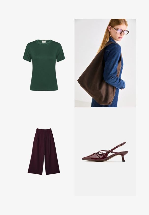 Hnědá koženka s vysokým límcem, plným zipem a hladkým, lesklým povrchem. Má uvolněný střih a dlouhé rukávy.; Zelené tričko s krátkým rukávem vyrobené z žebrované látky. Má krajkový výstřih s vlnkovým vzorem a jemnou texturu. Rovný střih a čistý design.; Kalhoty s širokými nohavicemi v tmavě burgundské barvě, s sklady, vysokým pasem a dvěma bočními kapsami pro praktičnost a styl.; Burgundské lakované slingback boty s špičatou špičkou, malým podpatkem, dekorativními strapcovými detaily a lesklým povrchem.; Hnědá kožená taška přes rameno s měkkou texturou, která nabízí prostorný design a jedno ramenní ucho. Nosená s modrou denimovou bundou.