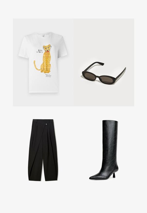 Brun faux læderjakke med høj krave, fuld lynlås lukning og en glat, blank overflade. Har en afslappet pasform og lange ærmer.; Hvid bomulds t-shirt med et gult leopard grafik iført briller, med teksten "BAD VIBES" og "DON’T GO WITH MY LIPSTICK."; Sorte brede bukser lavet af glat stof, med frontfolder, knaplukning og skræddersyet design for en struktureret silhuet.; Sort knæhøje støvler lavet af struktureret læder. Har en spids tå og en lille, udvidet hæl. Slankt, glat design med minimale accenter.; Sorte solbriller med ovale, semi-besluttede linser. Glansfulde stel og slanke arme. Mørkt tonede linser med minimale hardwaredetaljer.; Gul polstret jakke med høj krave og frontlomme, parret med en sort crossover-taske med guldfarvet hardware. Casual denim bukser.