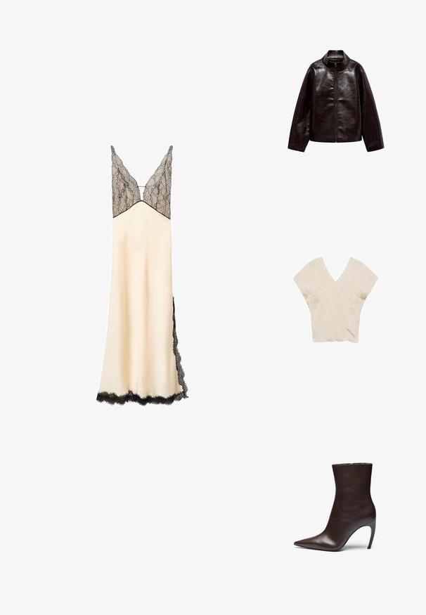 Hnedá umelá kožená bunda s vysokým golierom, plným zipsom a hladkou, lesklou textúrou. Má uvoľnený strih a dlhé rukávy.; Béžový crop top s výstrihom do v a krátkymi širokými rukávmi, so štruktúrovaným povrchom obsahujúcim jemné plisovanie po celej látke.; Satinová nočná košieľka v béžovej farbe s čiernym krajkovým korzetom a lemovaním. Výstrih do V a nastaviteľné ramienka. Dlhá po zem s krajkovými detailmi po stranách.; Hnedá kožená členková obuv s špicatou špičkou, štíhlou siluetou a vysokým ihlovým podpätkom. Má hladkú textúru a minimalistický dizajn.; Čierna kožená kabelka s prehnutým dizajnom, zlatými kovovými detailmi a horným uchom. Má elegantné zatvorenie a hladký povrch.