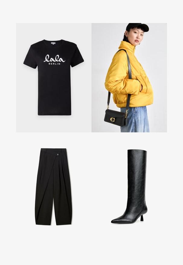 Rjava jakna iz umetnega usnja z visokim ovratnikom, popolnim zadrgo in gladko, sijočo teksturo. Ima sproščen kroj in dolge rokave.; Črna bombažna majica s kratkimi rokavi, ki nosi bel tekst "lala BERLIN" v pisavi, ki spominja na rokopis, čez prsa. Klasična zasnova s krožnim ovratnikom.; Črne široke hlače iz gladkega materiala, ki vsebujejo sprednje gube, zapenjanje na gumb in kroj, ki zagotavlja strukturiran videz.; Črne gležnjeke do kolen, narejene iz strukturirane usnje. Imajo koničast toe in majhen, razširjen peto. Eleganten, gladek dizajn z minimalnimi poudarki.; Rumena oblazinjena jakna z visokim ovratnikom in sprednjim žepom, v kombinaciji s črno torbico čez ramo z zlatimi dodatki. Priložnostni denim hlače.