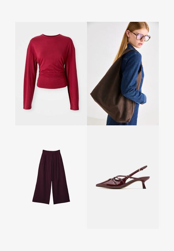 Ruskea tekonahkajakki korkealla kauluksella, täyspitkällä vetoketjulla ja sileällä, kiiltävällä pinnalla. Ominaisuuksiin kuuluu rento istuvuus ja pitkät hihat.; Burgundy pitkähihaisella paidalla, jossa on pyöreä kaula-aukko, vyötäröltä kapea, valmistettu sileästä kankaasta, jossa on pehmeää laskostusta sivuilla.; Völjanlahko utvöljdus spredimā burgundijaū mīksta auduma, kas pārsteidz ar ple/program046, augstiem vidukļiem un divām sānu kabatām, kas apvieno praktiskumu un stilu.; Burgundy kiilauhteella päällystetty slingback-kengät, joissa on teräväkärkinen malli, pieni korko, koristeelliset nauhanyökkäysdetaljit ja kiiltävä pinta.; Ruskea nahkainen olkalaukku, jossa on pehmeä rakenne, tilava muotoilu ja yksi hihna. Yhdistetty siniseen farkkutakkiin.