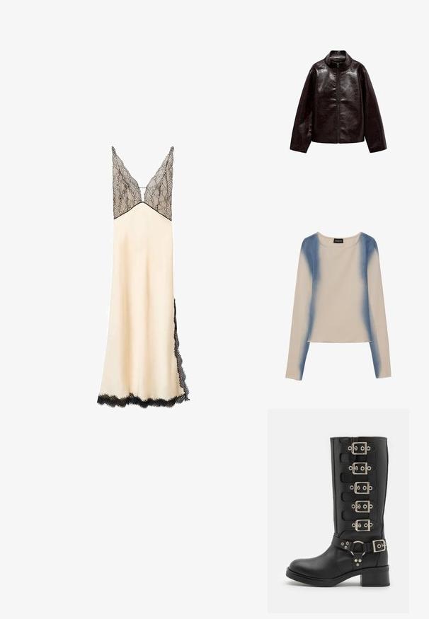 Brązowa kurtka z sztucznej skóry z wysokim kołnierzem, pełnym zamkiem błyskawicznym i gładką, błyszczącą teksturą. Posiada luźny krój i długie rękawy.; Długi rękaw w jasnym beżu, z gradientowym niebieskim wzorem. Gładka tekstura, okrągły dekolt i prosty dół.; Suknia nocna z satyny w kolorze kremowym z koronkową górą i wykończeniem w kolorze czarnym. Dekolt w kształcie litery V i regulowane ramiączka. Długość do podłogi, z koronkowym detalem po bokach.; Czarne botki do kolan wykonane z gładkiej skóry, z sześcioma srebrnymi klamrami, szerokim paskiem z pierścieniem O i solidnym obcasem w kształcie bloku.